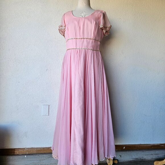 Vintage 60s 70s Light Pink Chiffon Princess Cocktail Evening Dress Gown L Large - Picture 1 of 14